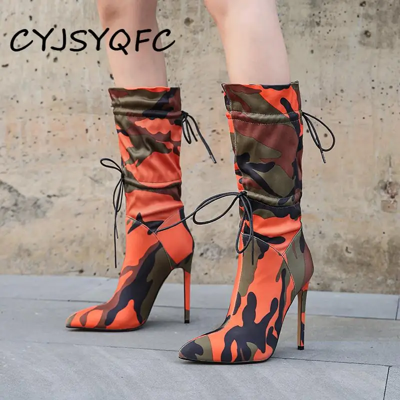 

High Thin Heels Boots For Women Stilettos Fashion Camouflage Mid Calf Boots Woman Lace Up Sexy Night Club Shoes Plus Size 46