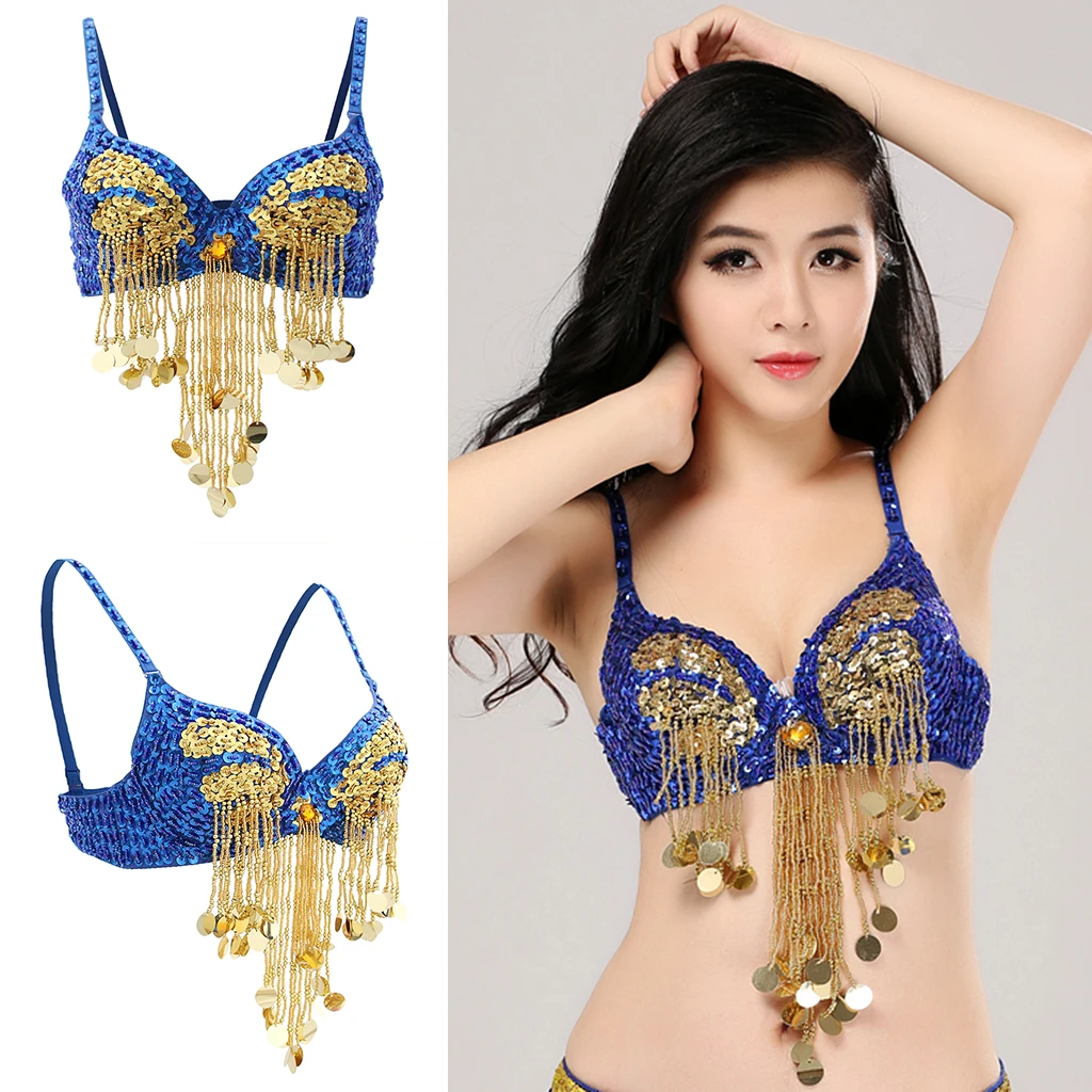 

Women Belly Dance Bra Sparkling Sequin Beads Top Sexy Dancing Costume Fringe