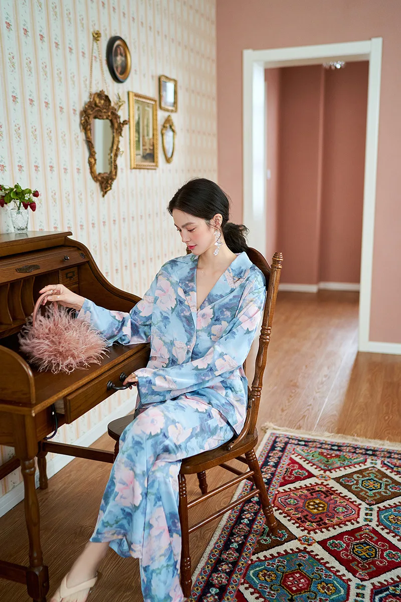 Pink blue ice silk pajamas ladies new long-sleeved trousers suit pijamas women