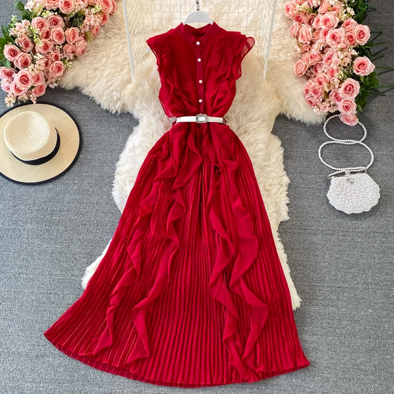 Mixi-vestido plisado Vintage liso para mujer, vestido elegante de gasa rosa con volantes sin mangas para vacaciones y Playa 2021