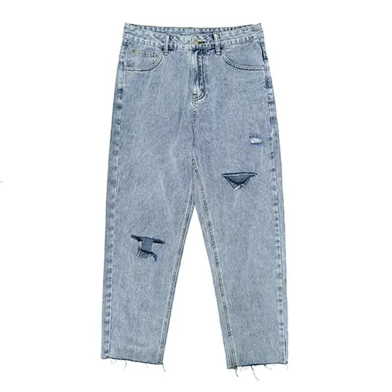 Summer Ripped Jeans Men's Fashion Casual Wide-leg Jeans Men Streetwear Korean Loose Hip-hop Hole Straight Denim Trousers Mens