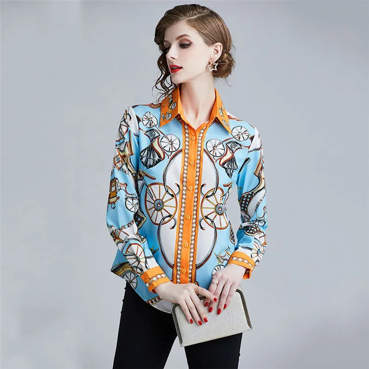 blue style 2 Весенняя рубашка с длинным рукавом, женские дизайнерские Подиумные топы, винтажные блузки с принтом, женские офисные рубашки, повседневные блузы Mujer De Moda - Цвет: blue style 2