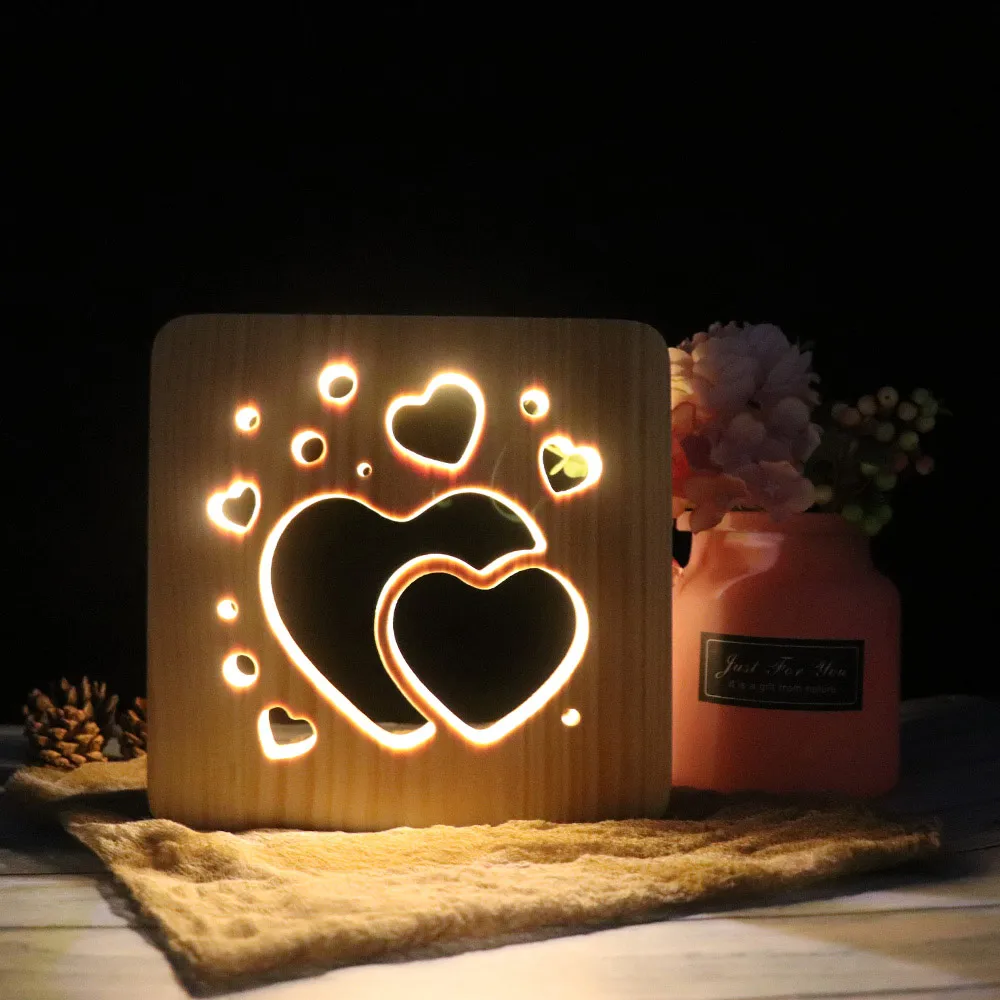 Heart Креативный USB деревянный ночной Светильник, Кошачий коготь, роза, резной деревянный светодиодный настольный светильник, Свадебная вечеринка, украшение для дома, подарки на Рождество, день рождения - Испускаемый цвет: Heart
