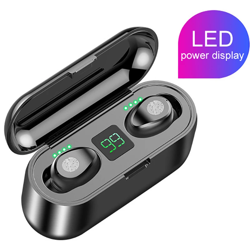 

TWS F9 Wireless Earphones Bluetooth V5.0 HIFI Stereo Sound Headsets 2000 mAh Power Bank Touch LED Power Display Headphones