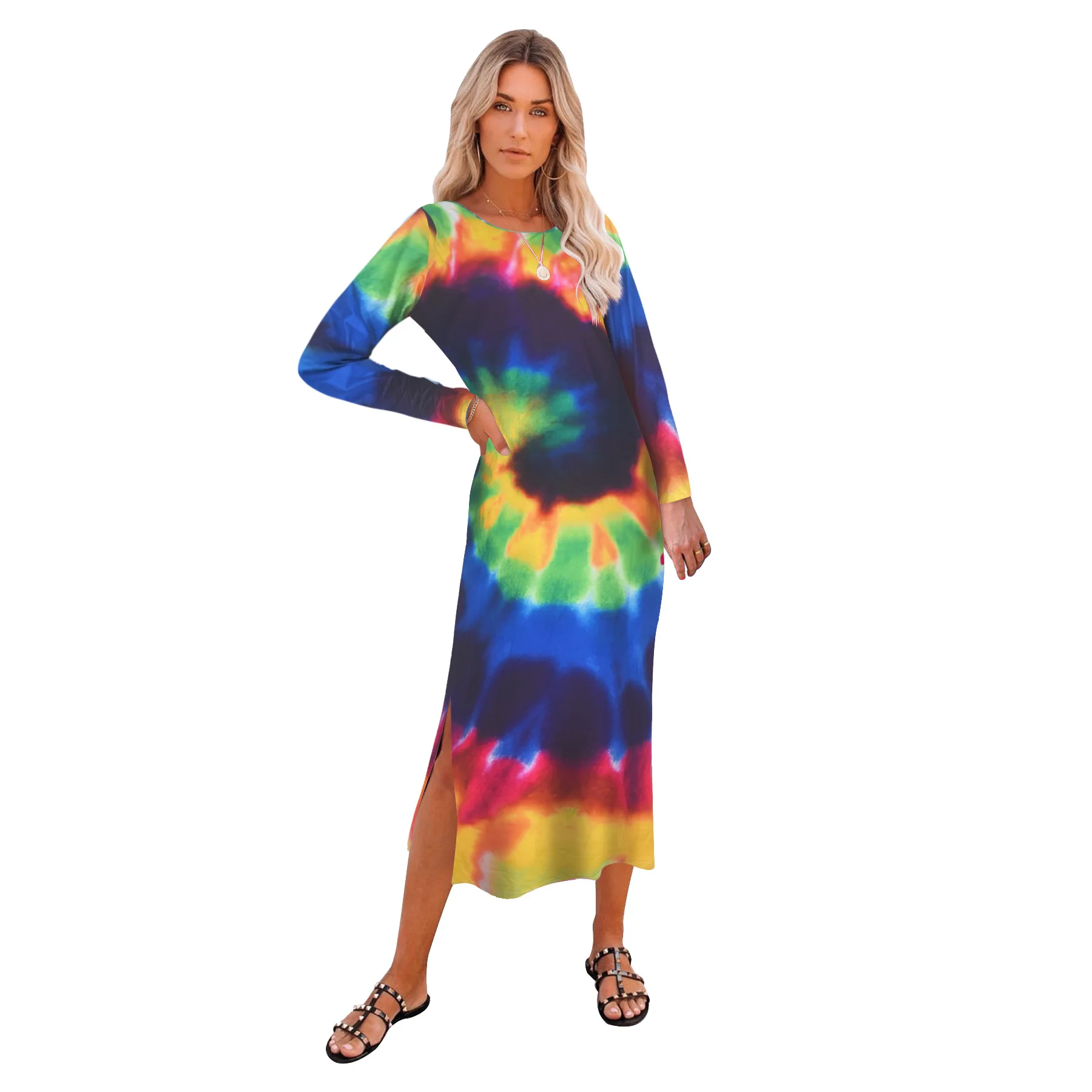 

Rainbow Tie Dye Print Women's Long Maxi Dress Casual Round Neck Long Sleeve Bohemian Dresses Autumn Side High Split Party Dress