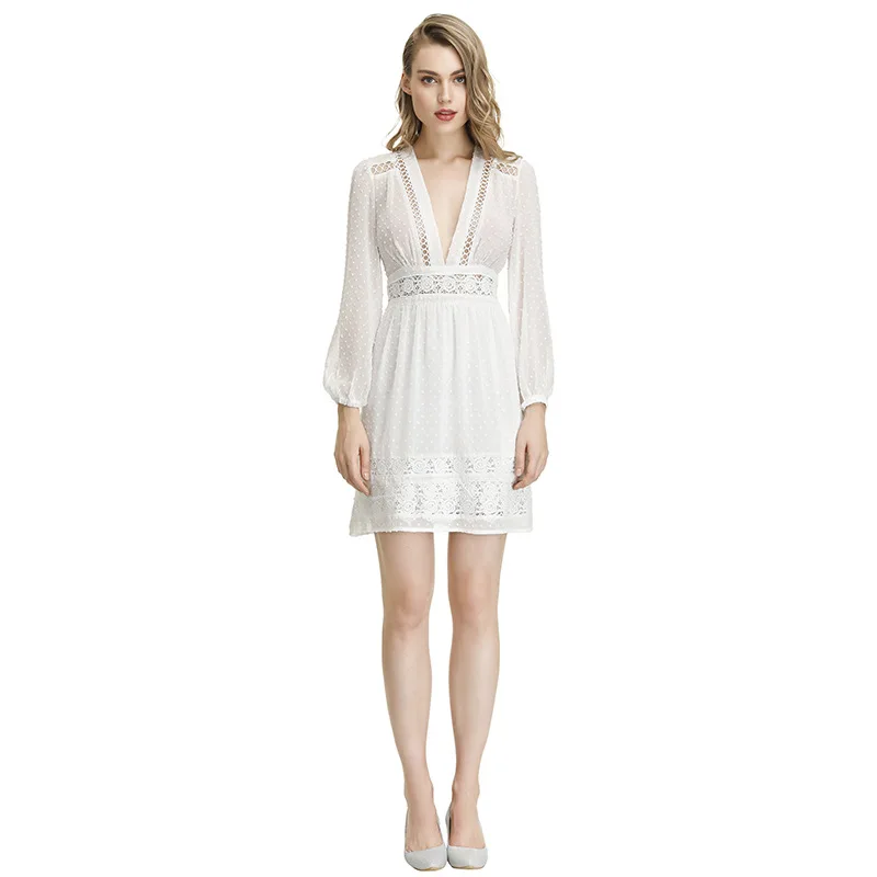 

Long Sleeves White Cocktail Dresses Formal Party Gowns V Neck Woman Short Fashion Lace Homecoming Dress 100% Real Photo