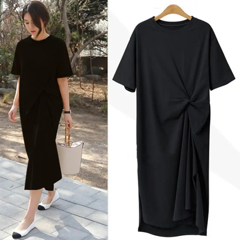 Summer Dress Casual 2020 Black Shirt Dress Midi Women Korean Style Clothes Side Split Ladies Tunics Dresses Short sleeve
