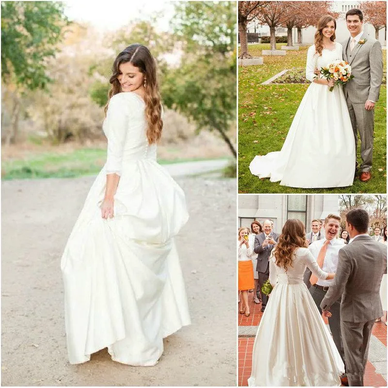 

Elegant Garden Wedding Dress With Sleeves Pockets Top Lace Unique Design Court Train Covered Button Bridal Dress Custom Made
