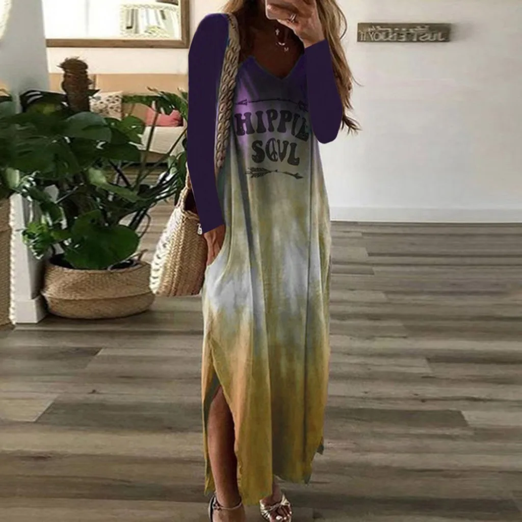 Женское платье макси с длинным рукавом CHAMSGEND повседневное Свободное длинное