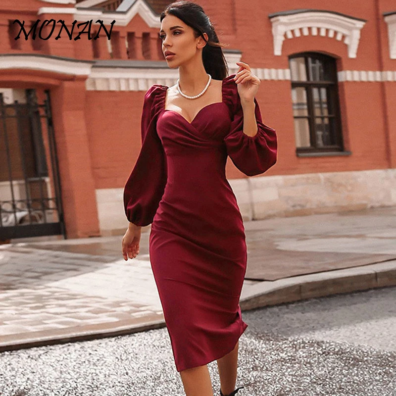 2020 винтажный буф рукав бодикон Платье женское осеннее одноцветное мини платье