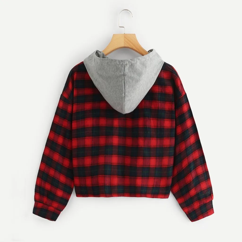 Fashion Women Casual Loose Long Sleeve Hoodie Plaid Printing Short Sweatshirt Tops Streetwear Women Oversized Hoodies Sudaderas