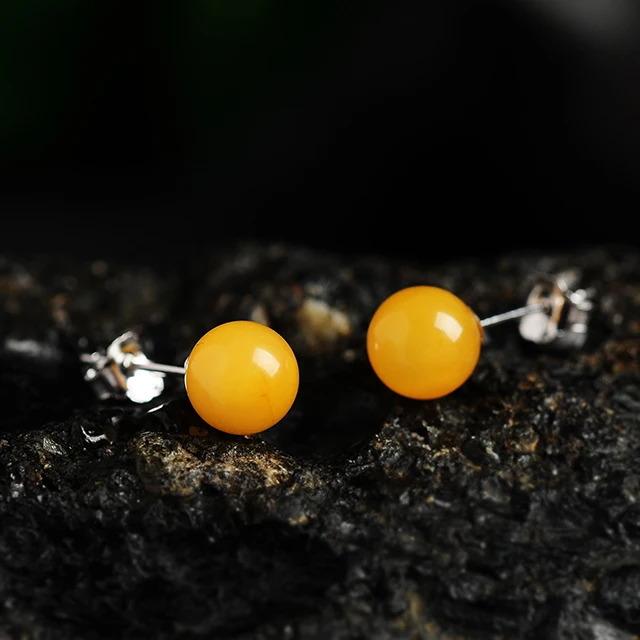 925 Серебряный набор Натуральный Янтарный шар серьги гвоздики желтый медовый воск