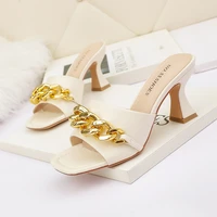high quality summer womens slippers fashion square toe pu leather chain decoration high heels mules slides ladies shoes