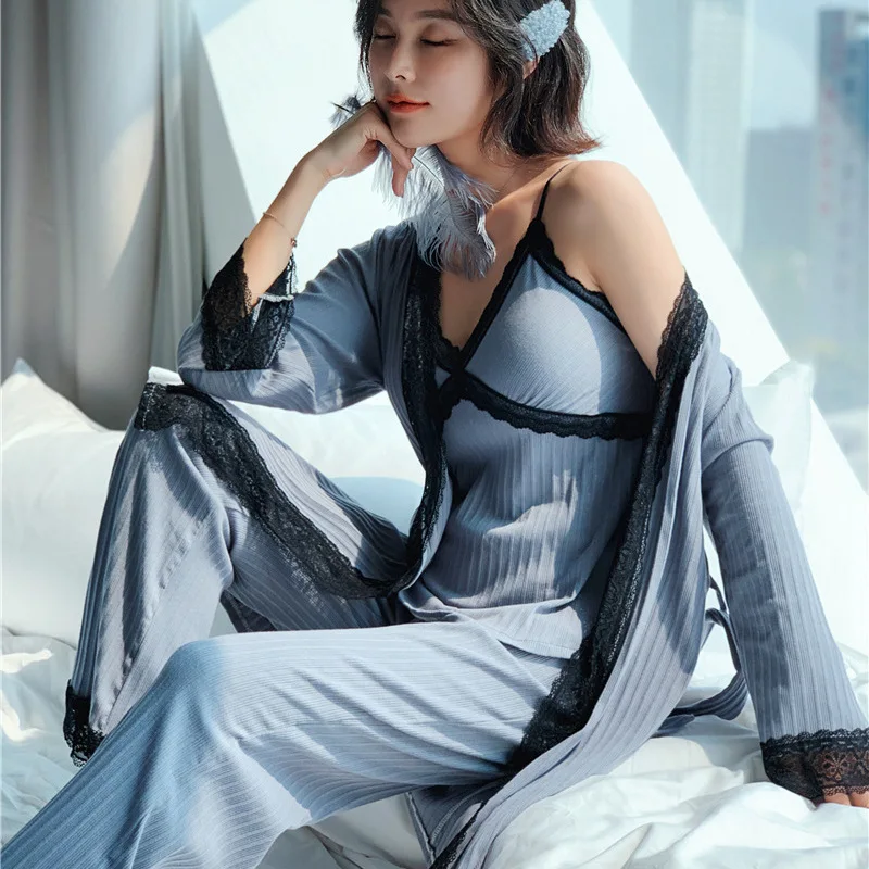 

Women 100% Cotton Pajamas Sets 3 Pieces Lace Pyjamas Sleepwear Elegant Lace Nightwear Pijama Homewear