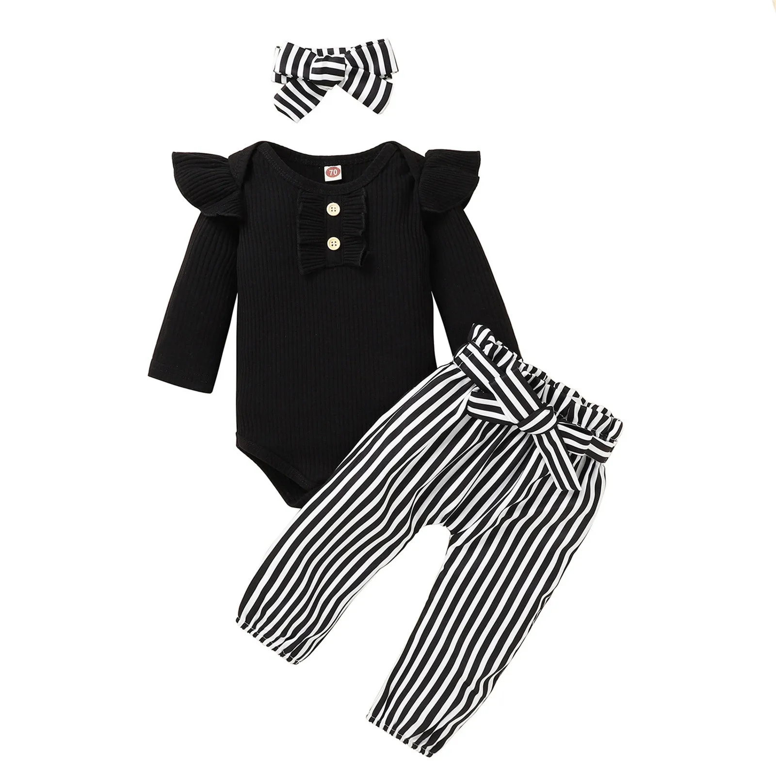 

3PCS Newborn Baby Girls Autumn Clothes Set Ribbed Romper Bodysuit Tops+Striped Pants+Headband Outfits Toddler New Born Kids Sets