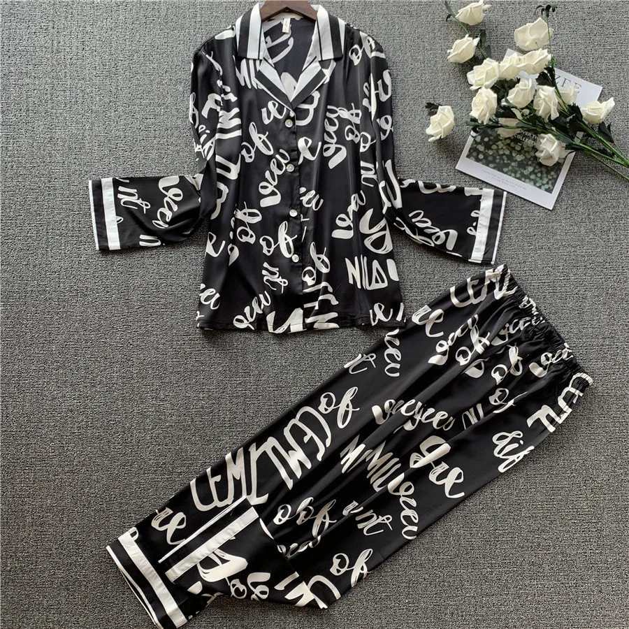 Модный пижамный комплект с принтом женские мягкие атласные пижамы длинным