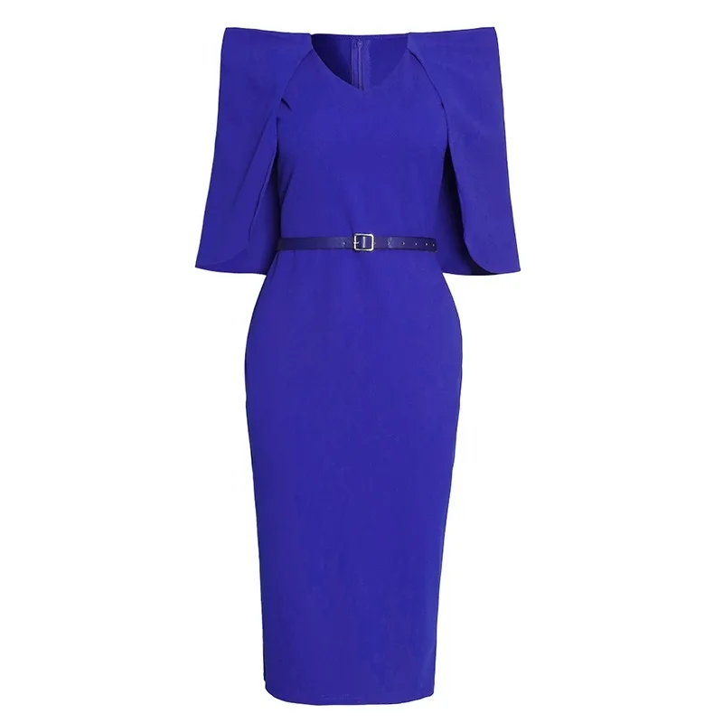 

EA 2021 Slim Women Dress Elegant Fashion V-Neck Cloak Dress Bodycon Robe Party Gowns Vestidos African Outfits Office Lady Blue