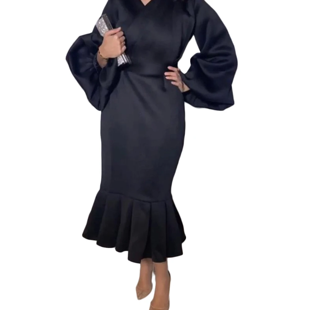 

Женское однотонное платье-Русалка с высокой талией, Однотонная юбка с V-образным вырезом и длинными рукавами, приталенное, модель D3040M, 2021