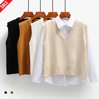 women shirt and vest two piece set 2021 autumn women short loose knitted sweater sleeveless v neck ladies shirts tops female new