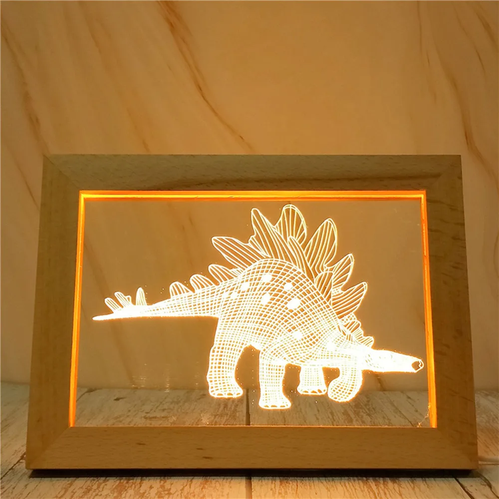 3D Динозавр олень Сова фоторамка светодиодный ночсветильник деревянный стол