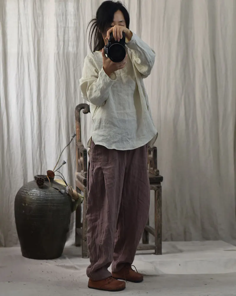 Брюки султанки женские с поясом на резинке свободные льняные винтажные штаны в