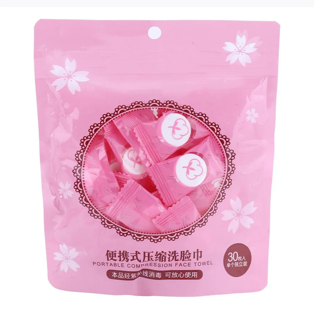 30 pieces into 12-56 Pcs Disposable Pure Cotton Portable Travel Tablet Face Towel Wet Water Wipes Cloth Napkin Outdoor Cleaning Wet Tissues - Color: 30 pieces into