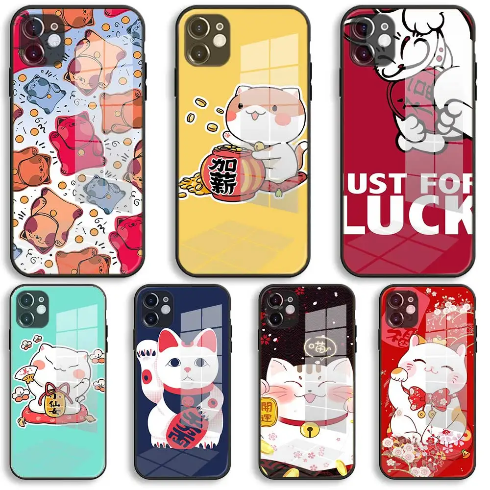 Стеклянный Мягкий силиконовый чехол Lucky Cat для iPhone 12 11 Pro X XS Max XR 8 7 6 Plus SE 2020 S Mini Black