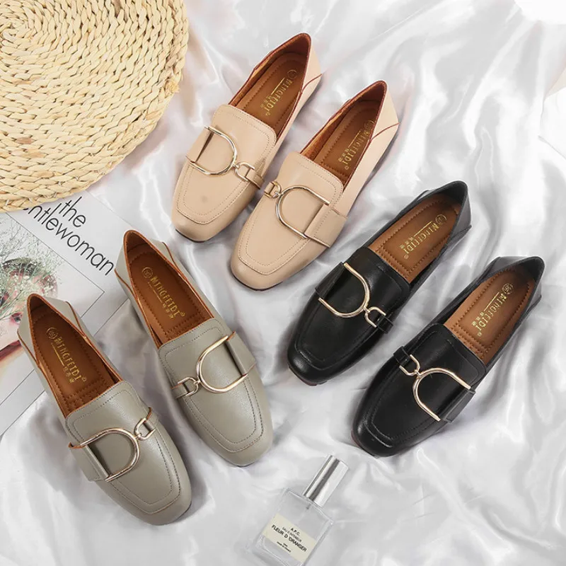 

Maxi Size 41 42 Shoes Woman Mules Moccasins Female Slip On Metal Buckle Peas Loafers PU Leather Mother Nurse Career Office Flats