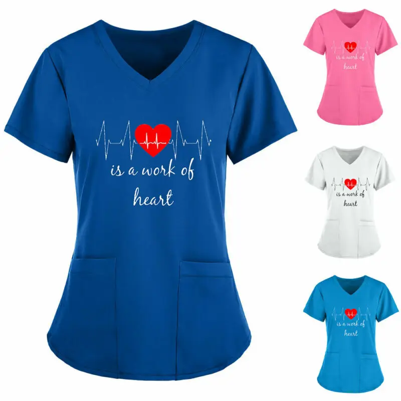 

Womens Short Sleeve V Neck Printed Healthcare Nurse Carer Pockets Workwear Tops