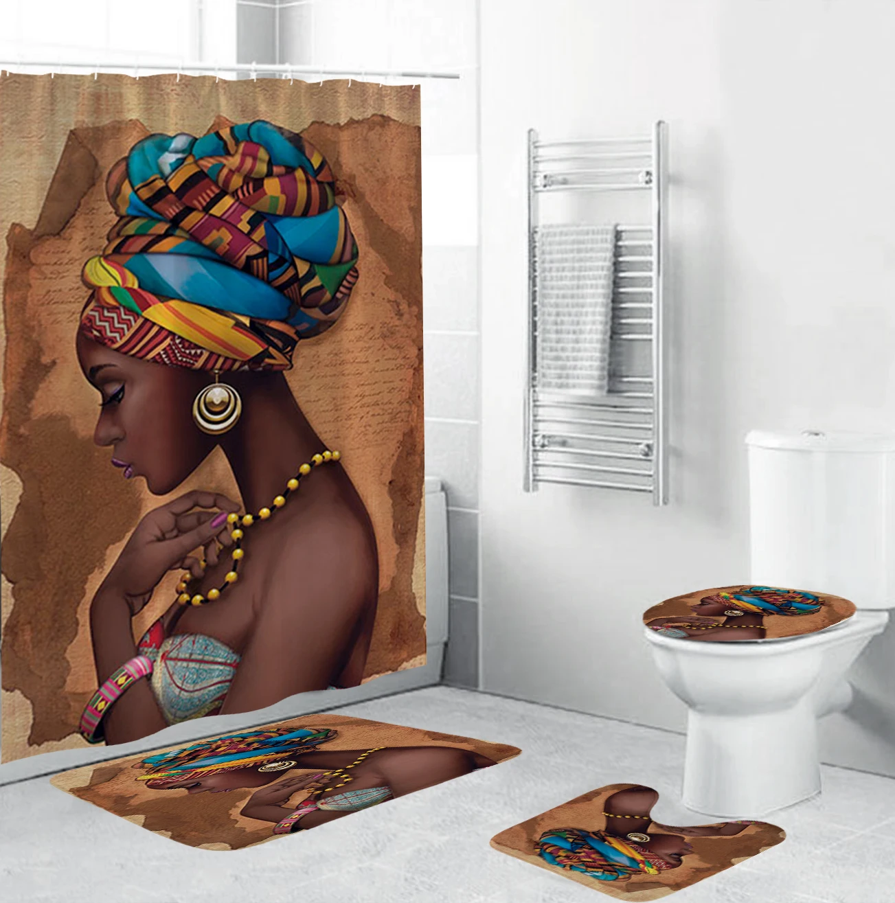 

African American Women Shower Curtains Polyester Waterproof Afro Bathroom Curtain Set Anti-skid Rugs Toilet Lid Cover Bath Mat