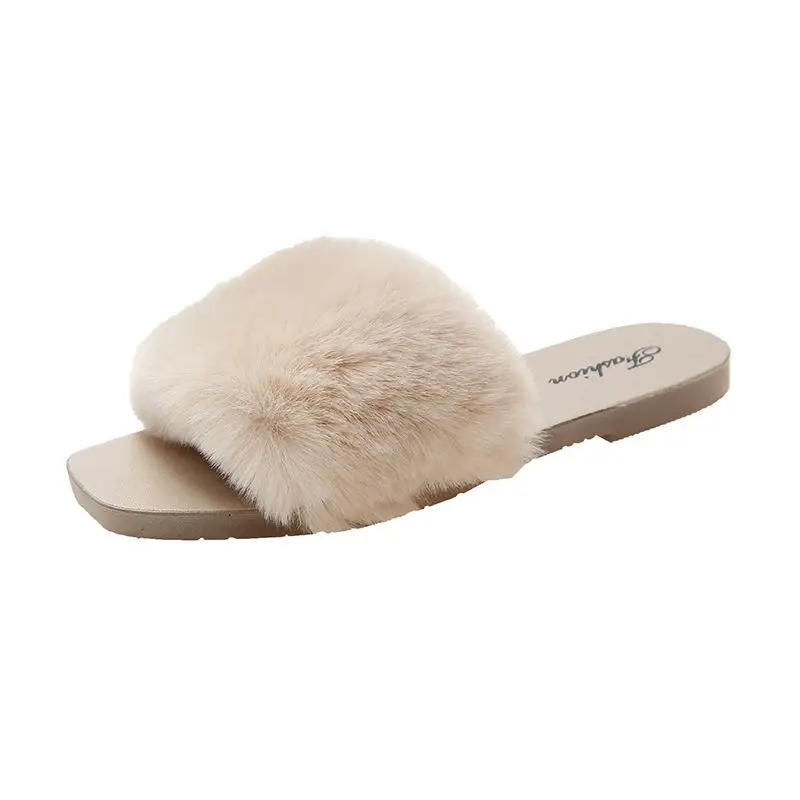 2021 Summer Women House Slippers Faux Fur Fashion Shoes Woman Slip on Flats Female Slides Black Pink Cozy Home Furry Slippers