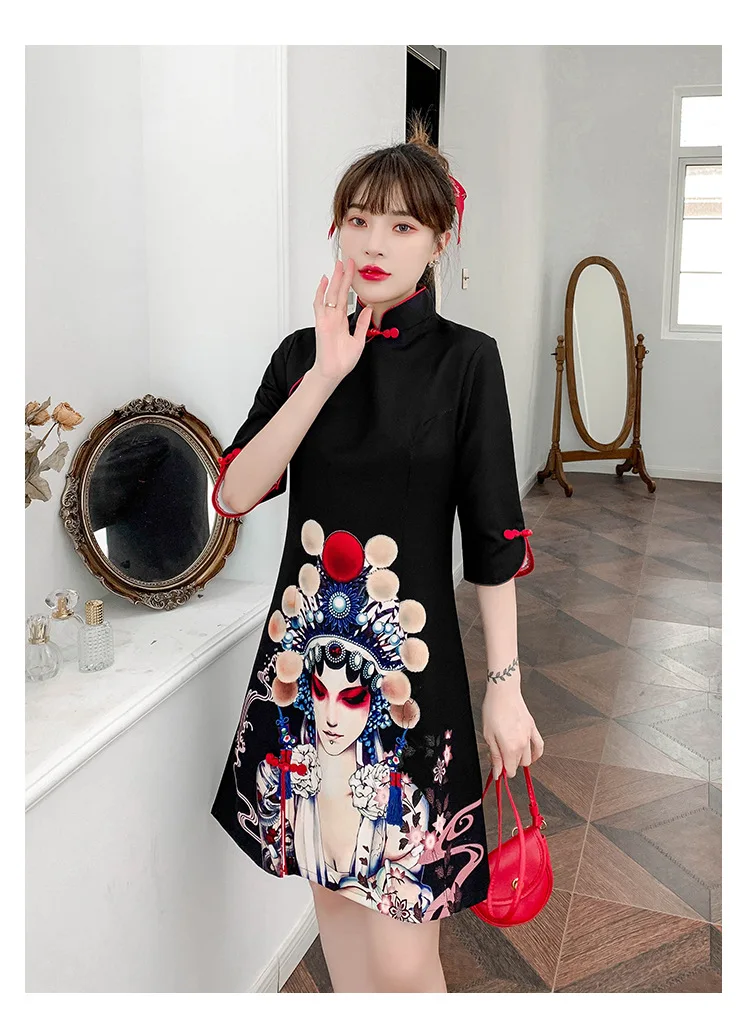

Guofeng Peking Opera Facial Makeup Printed Loose Slim Dress Summer New Daily Improvement Young Cheongsam