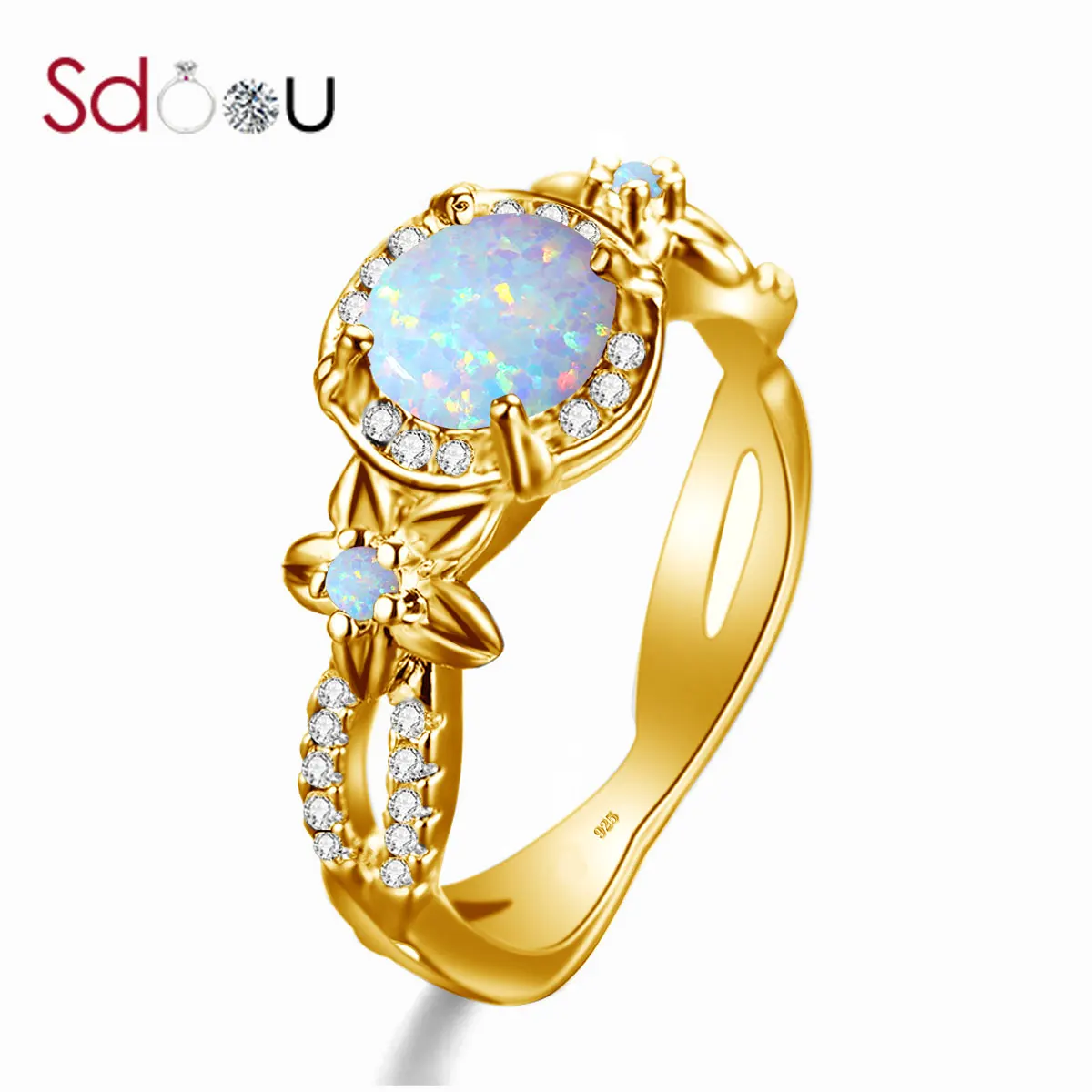 

SDOOU 925 Sterling Silver Ring For Women Undefined Gemstones Opal Rings Round Cut Diamond With Flower Bohemia 14K Gold Jewelry