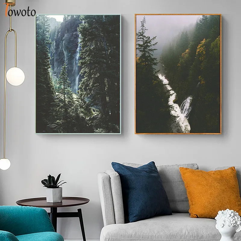 Пейзаж с рисунком леса реки холст живопись туманная ель елка Осенний постер