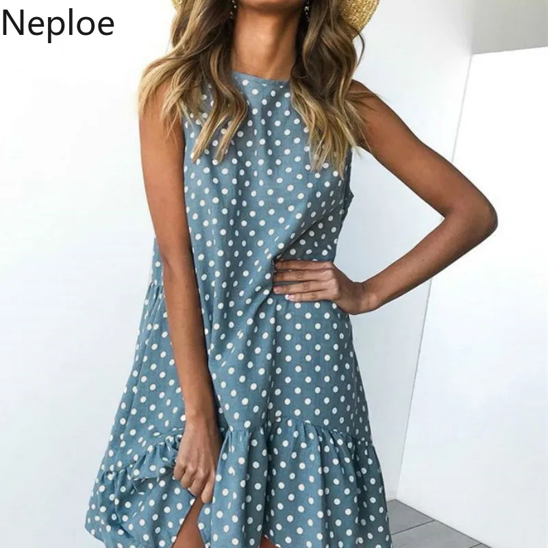 Платье Neploe в горошек женское модное платье без рукавов с круглым вырезом летние