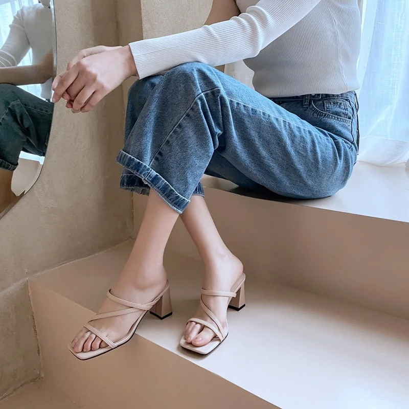 

RIZABINA Summer Women Sandals Shoes Fashion Square Toe Shoes Women Genuine Leather High-Quality Thick Heels Footwear Size 34-39