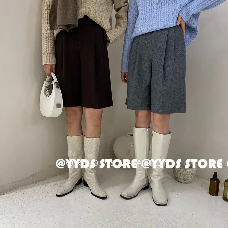 

@YYDS 2021 Autumn and Winter Original Women's Simple Solid Color Joker High Waist Wool Straight Five-point Pants