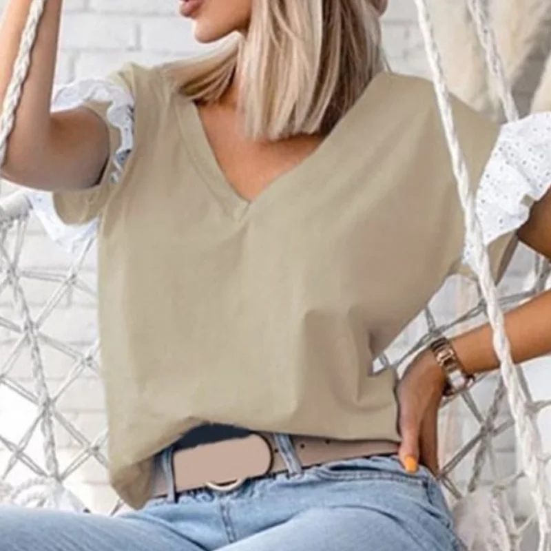 

Sexy Embroidery Butterfly Short Sleeve Hollow Out Blouse Women 2021 Spring V Neck Patchwork Shirt Retro Casual Loose Summer Tops