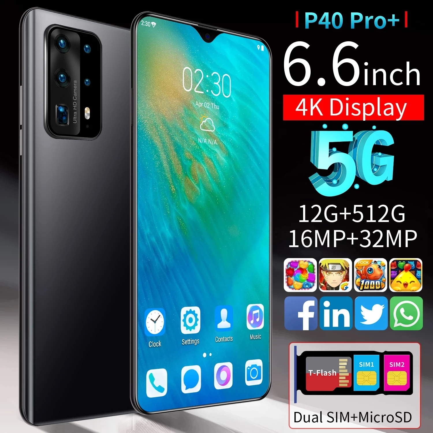 

Mobile Phone P40 Pro Android Face ID Recognition 6.6'' Water Drop Screen Unlocked Smartphone 12G+512G ROM Original Cell Phone