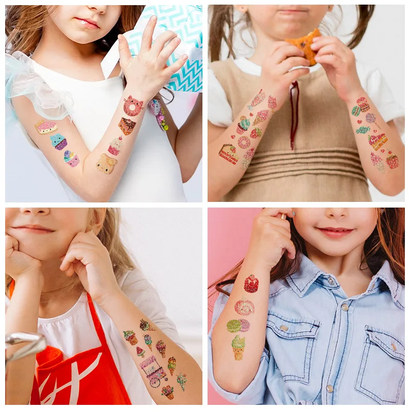 

Tattoo Stickers Candy Cake Ice Cream Temporary Fake Tattoos Paste on Face Arm Leg for Children Body Art Flash powder cake Stick