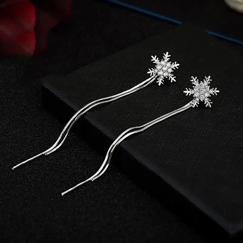 

2022 New Fashion Women Christmas 925Silver Snowflake Stud Long Tassel Earring Women Christmas Party Snowflake Earrings Jewelry