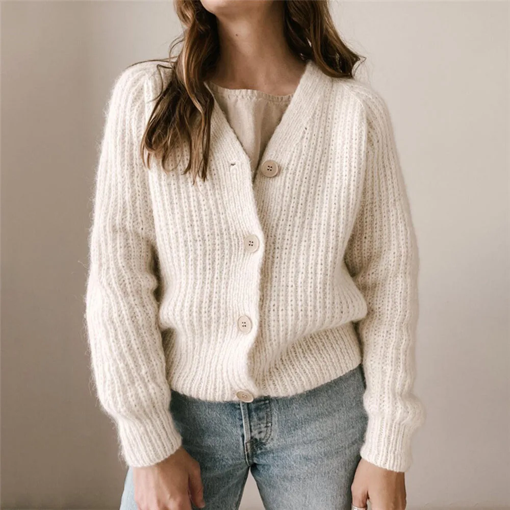 

Sweater Women Solid Color Soft Knitted Sweater V Neck Sweet Sweater Autumn Winter Home Wear Cardigan Loose Long Sleeve Sweaters