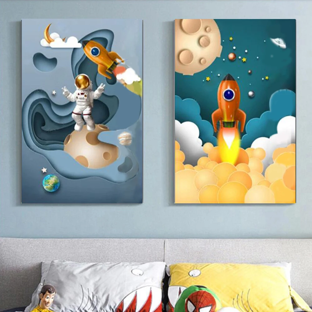 

2PC Wall Art Pictures For Living Room Vintage Dream Poster Star Night Astronaut Rocket Canvas Painting For Baby Room Decoration