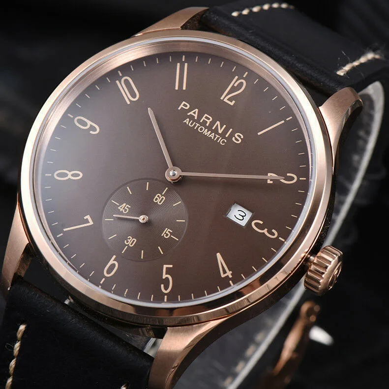 

PARNIS 42mm Men's Watch Arabic Numeral Brown Dial Rose Gold Case Date Window ST1731 Automatic Men's Watch