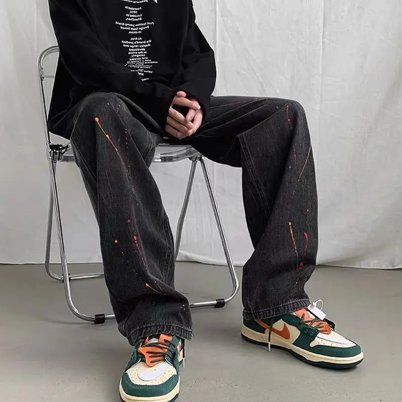 

Men's Printed Jeans Spotted Ink Contrast Color Autumn Denim Pants Vibe High Street Wide Leg Pants Loose Straight Causal Trousers