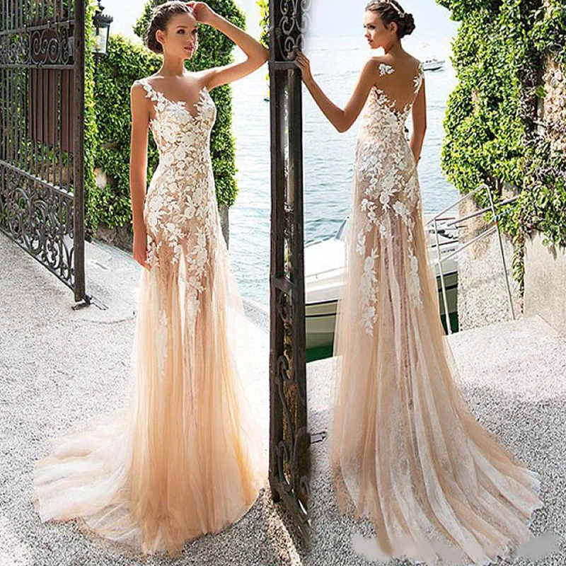 

Marvelous Tulle & Lace Bateau Neckline See-through Sheath Prom Dress With Lace Appliques Champagne Evening Dress vestido de form