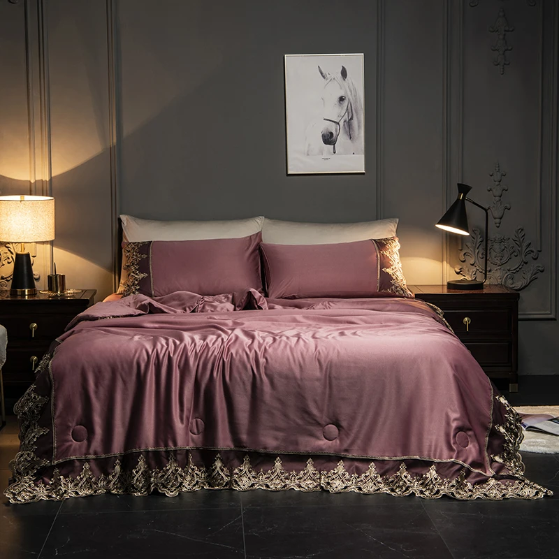 

Luxury European Summer comforter washed silk bed linen sheet pillowcase blue blanket full queen king size lace solid thin quilt