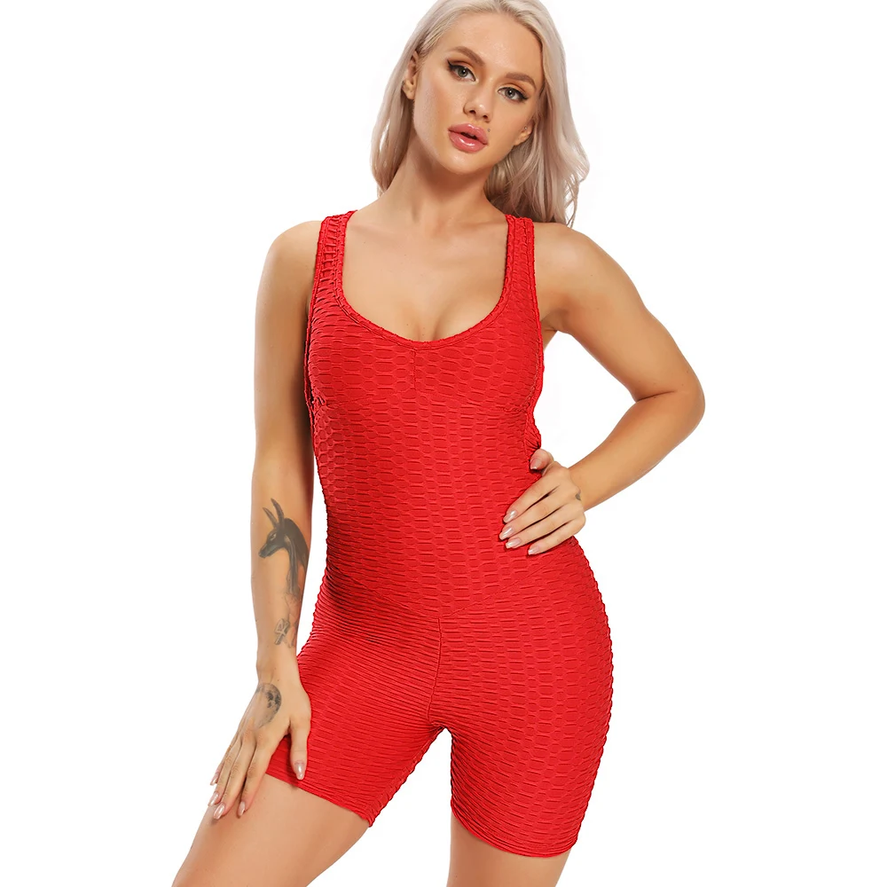 Sexy Backcross Women Bodysuit Sleeveless Textured Jumpsuit Women One Piece Gym Sport Workout Fitness Rompers For Female Summer