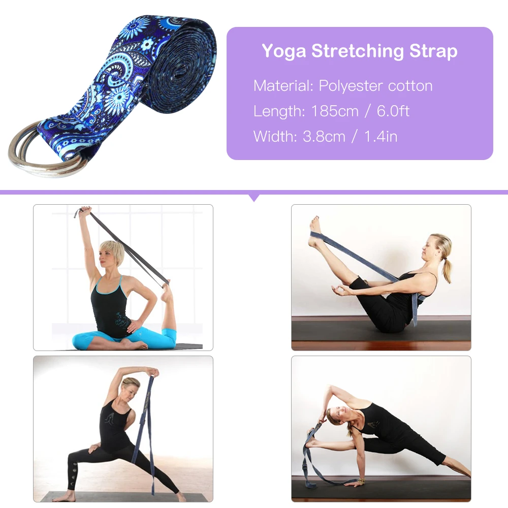 

6ft Yoga Stretching Strap Band Printed Cotton Exercise Strap Adjustable Fitness Physical Therapy Flexibility Strap Metal Ring