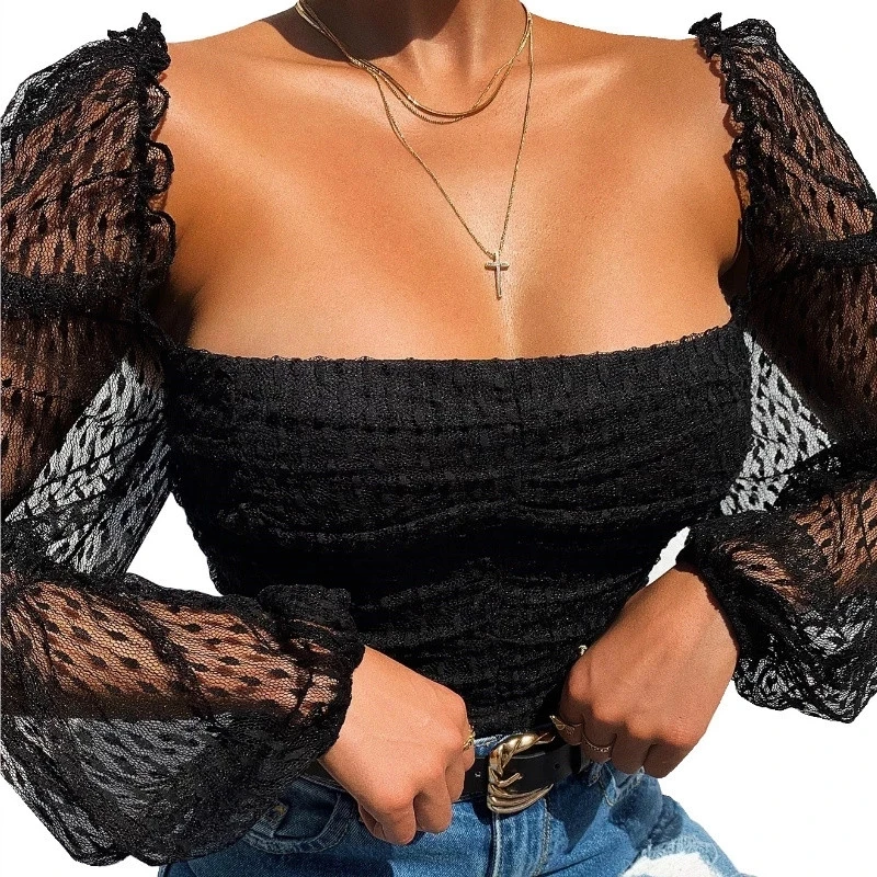 

Fashion Spring Autumn Tops Women Shirt Blouse Ruched Long Sleeve Lace Tulle Strappy Square Collar Sexy Cropped Lady High Street